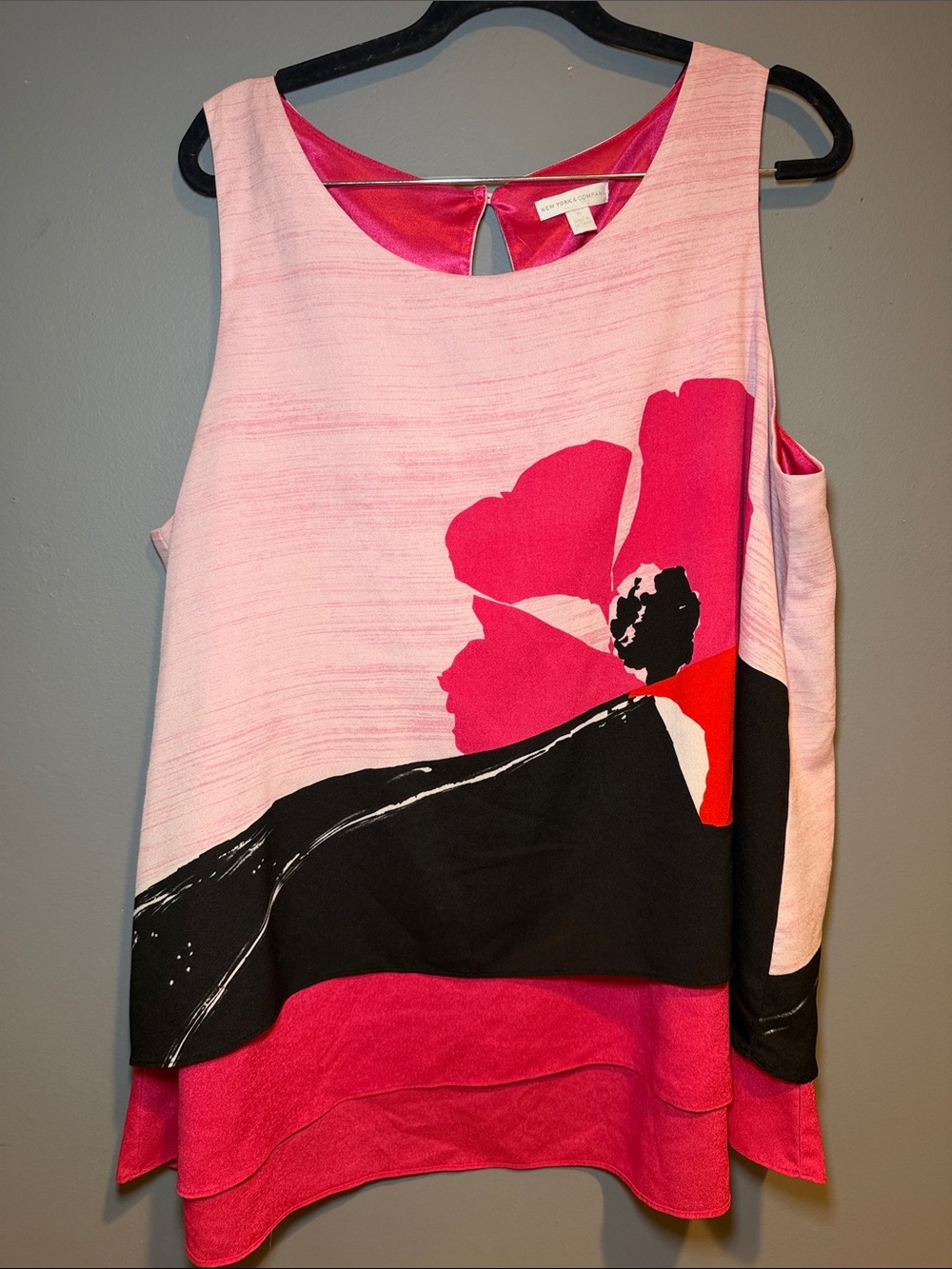 New York & Company Pink, Black & Red Floral Layered Tank